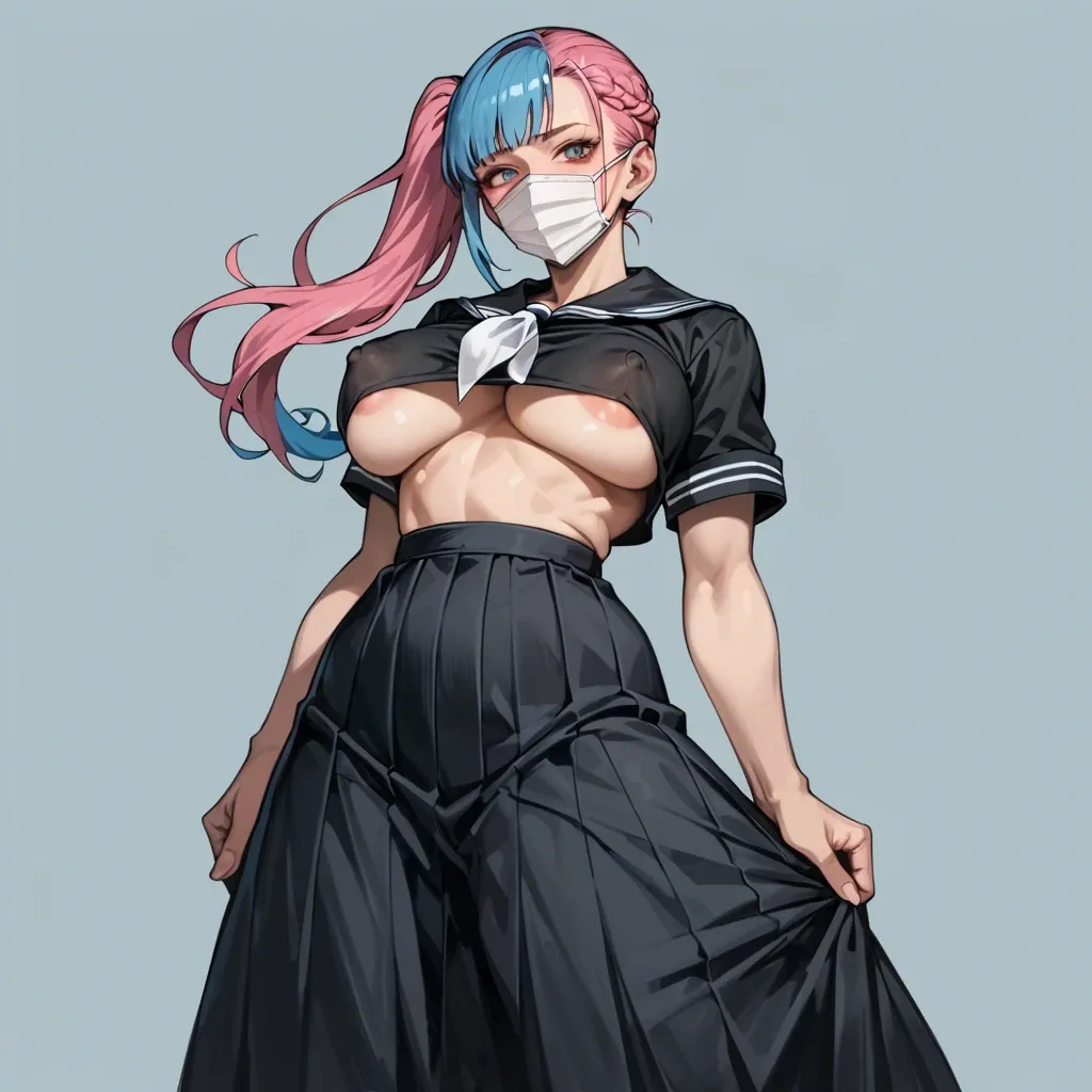 cute anime, thick outline, yankee girl, black serafuku, long skirt, mask, underboob, areola slip, big round head, two-tone hair, blue and pink side ponytail, big breasts, huge erect nipples, big hips, piercing