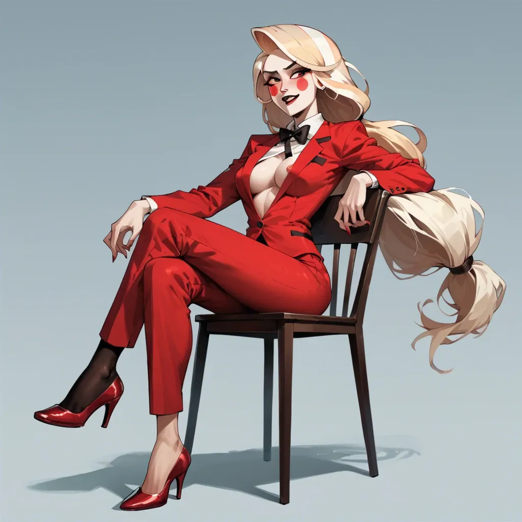 1girl, solo, Charlie Morningstar \(Hazbin Hotel\), pale skin, red pants, red suit, single sock, single bare foot, sitting on chair, ((Straight-on))