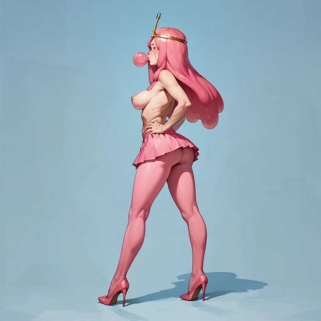 princess bubblegum, adventure time, topless, pink tights, pink high heels, pink mini skirt, rounded large breasts, rounded ass, hands on hips, long hair