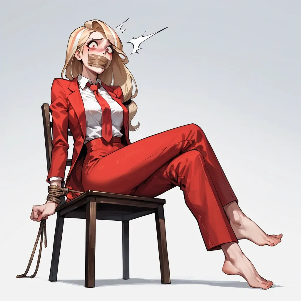 1girl, solo, Charlie Morningstar \(Hazbin Hotel\), pale skin, long red trousers, red suit, barefoot, sitting on chair, rope bondage, tape gagged, shocked, scared, ((from behind))