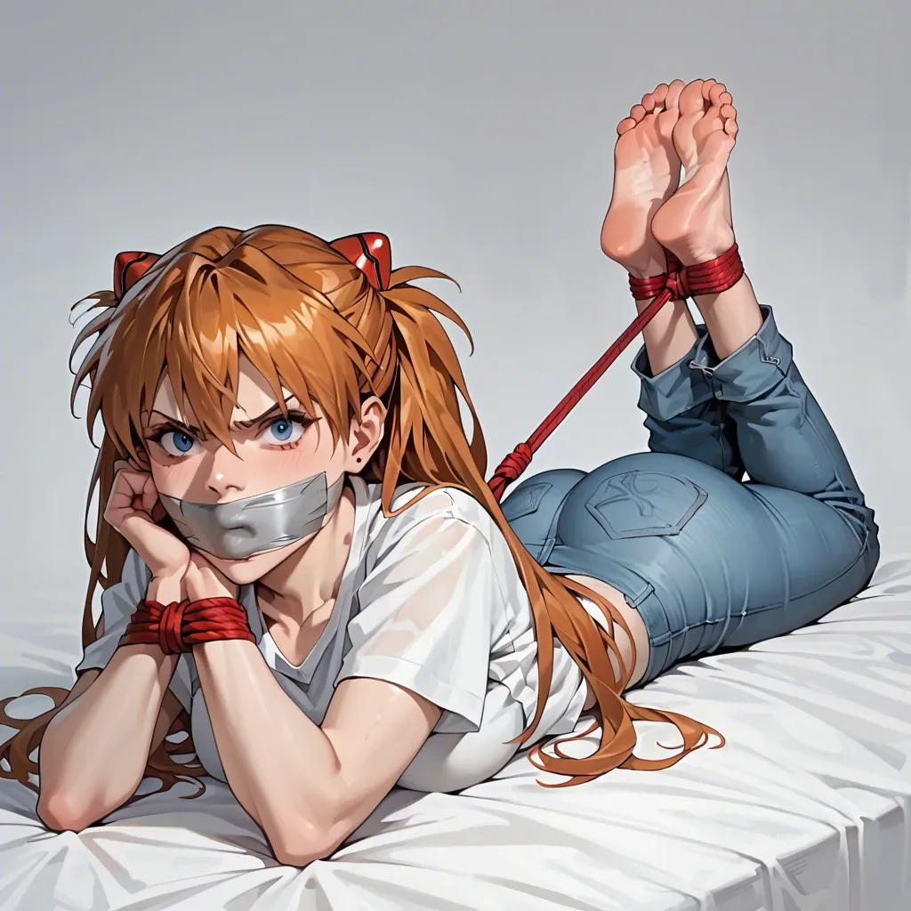 1girl, solo, Asuka Langley \(Evangelion\), white t-shirt, jeans, barefoot, laying on stomach, rope bondage, hogtied, tape gagged, looking at viewer, feet focus, angry, screaming, ((face view))