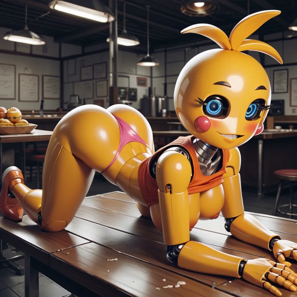 Toy chica is a robot from the FNAF. It is located in a dark and abandoned pizzeria. Lying on the table, on all fours, in a sexy pose. in a thong and a tight top on her chest.