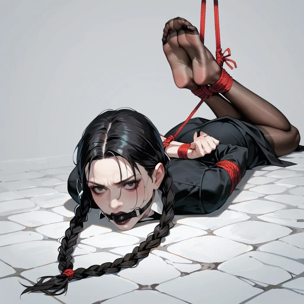 1girl, solo, Wednesday Addams \(Wednesday\), black eyes, pale skin, black dress, black pantyhose, no shoes, laying on stomach, rope bondage, hogtied, arms behind back, crossed ankles, black ballgag, feet focus, screaming, scared