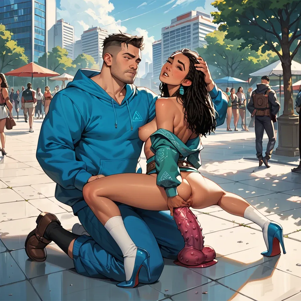 1girl,1boy, , , , eyebrow,armor,perky breast,grabbing head,off shoulders, sweatshirt,white socks,shaped jewelry,blue bodysuit,heels, hotel exterior, public park, cyberpunk, riding dildo, zelda, moana, ariel waifu