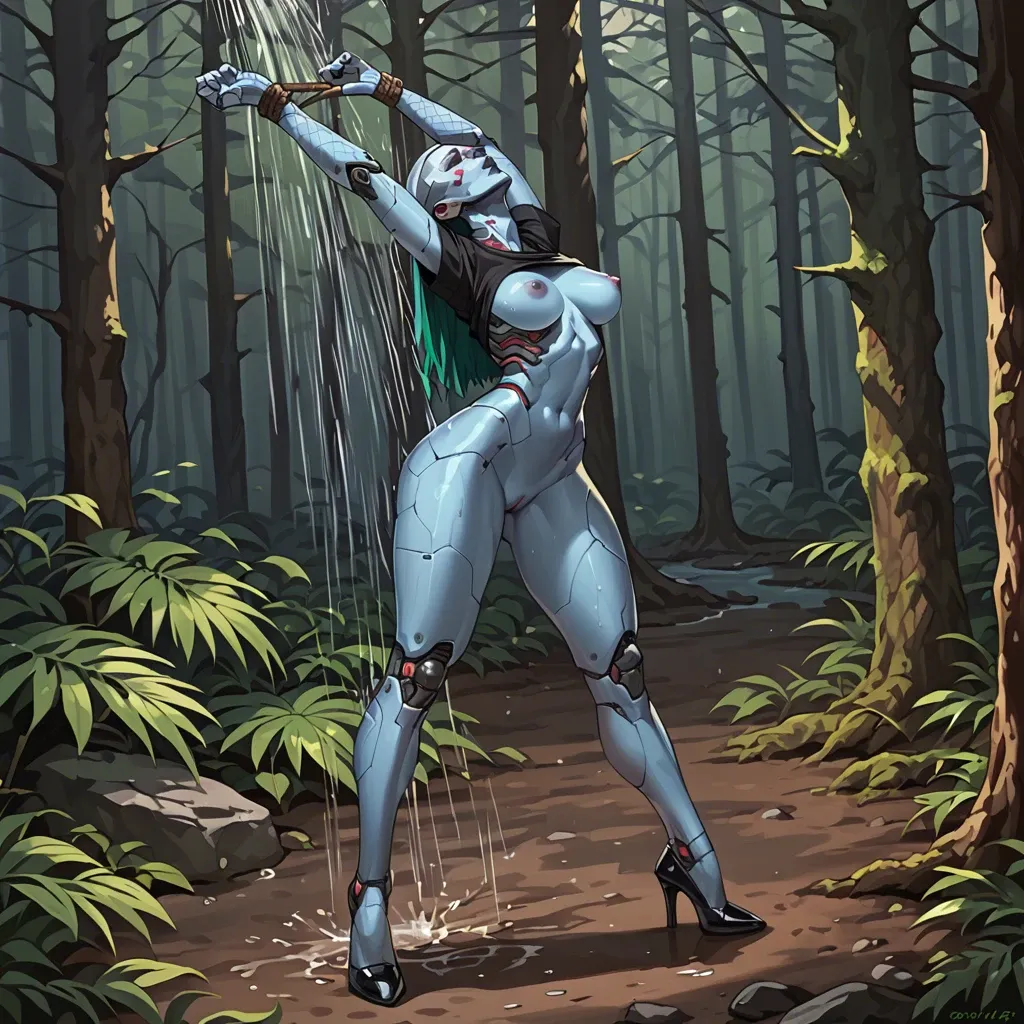 1girl,solo, , , , stretching,wrists,nipples showing,narrow hips,deep blue skin, lifted t-shirt,fishnet sleeve,tied up,black bra,high heels, showering, pine forest, cyberpunk, robot joints, tifa lockhart, wonder woman, ayanami rei