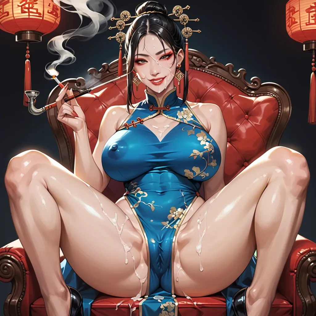 Asian woman, chinese, oriental, sitting, spread legs, camel toe, beautiful, smiling, erect nipples, huge massive tits, smoking, smoking pipe, cum on face, cum on tits, smoking a pipe, makeup, jewelry, chinese dress, illustrated, artwork, painted