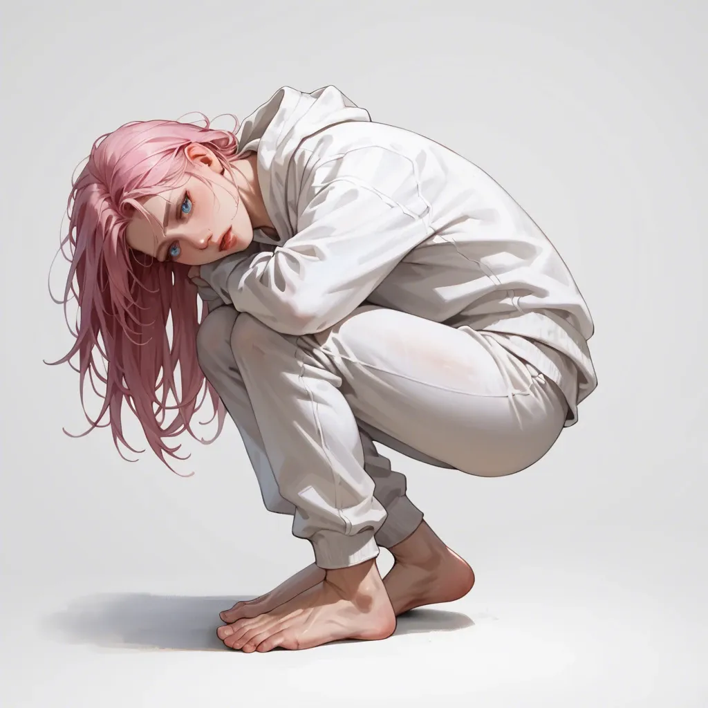 1 solo girl,,,, no background, no objects, full body view, standing position, long pink hair, white hoodie, sportive white pants, no shoes, gentle look, soft skin, 20 years old, human, open blue eyes, facing camera, energetic look