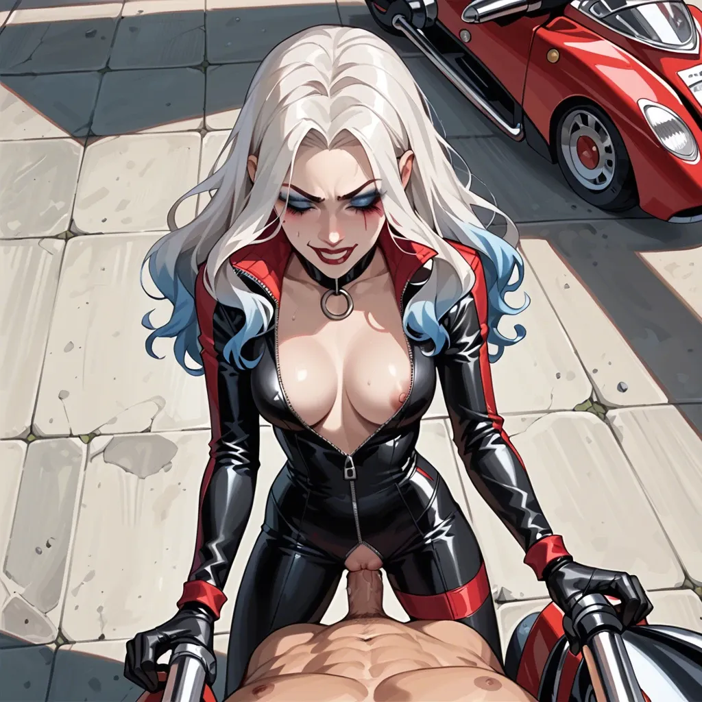 mirajane strauss, black unzipped Catsuit, large long harley davidson, sexy, anime cute style, straight white hair, backward on harley davidson, standing flipped,  sex,  looking from above view on motorcycle, exposed unzipped skin from neck to pussy, girl sex, 2girls