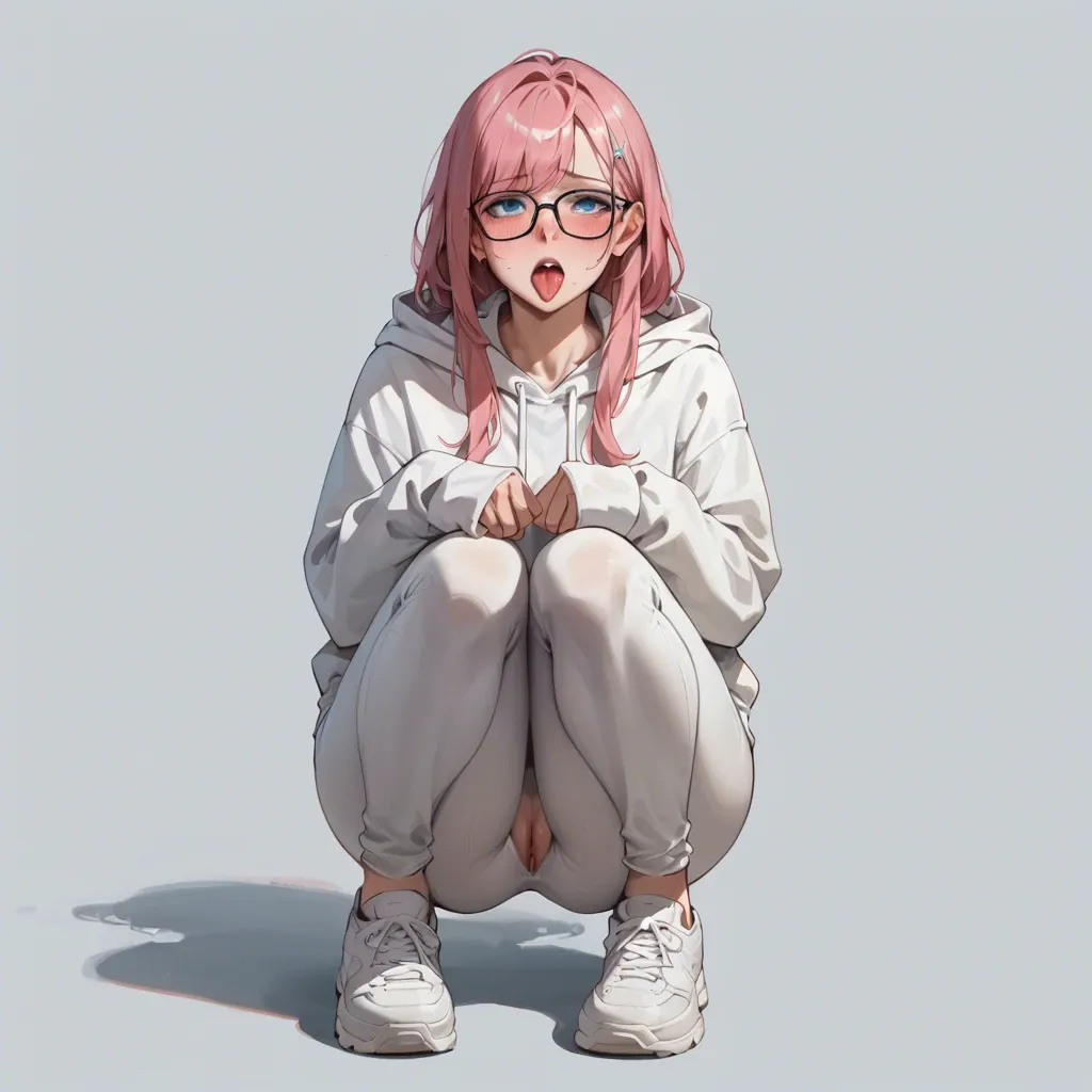 1girl,,, no background, no object, facing camera, tall, long pink hair, blue eyes, white hoodie, white sportive pants, white shoes, shy, stand up, full view, tongue out, black glasses, blush