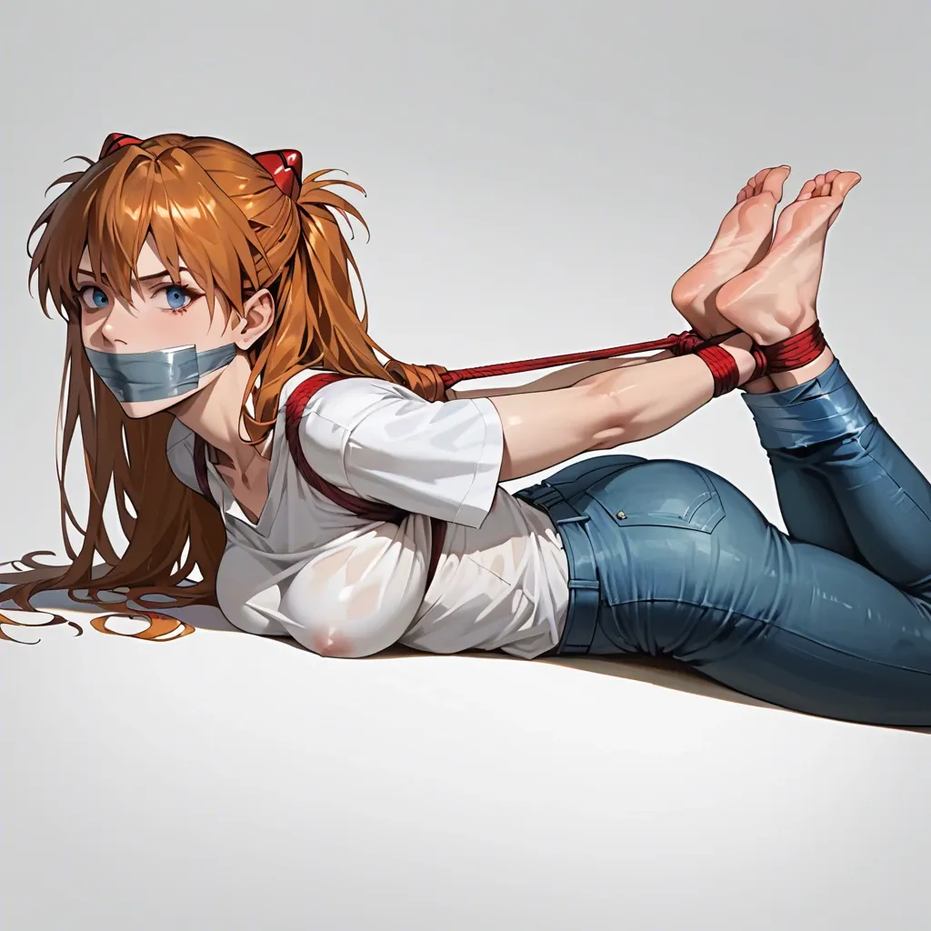 1girl, solo, Asuka Langley \(Evangelion\), white t-shirt, jeans, barefoot, laying on stomach, rope bondage, arching body, hogtied, hands behind the back, tape gagged, hair pulled, looking at viewer, feet focus, shocked, scared, ((face view))