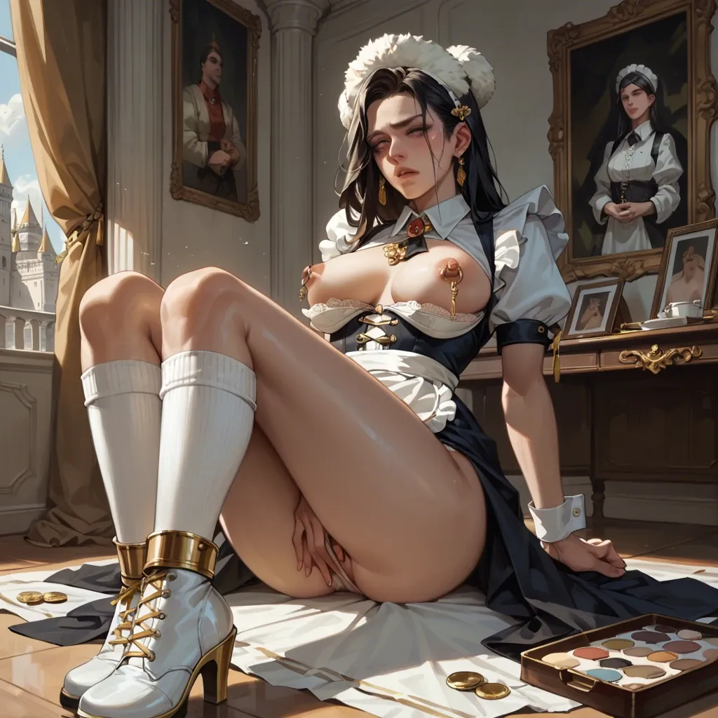 1girl,solo, , , , eyebrow,gold anklets,nipple rings,show breast,palette, collared shirt,knee socks,fur hat,undersized bra,white boots, maid dress,palace bedroom,nipple rings,hand on panties,shoes, dressed,lace lingerie,panties down,panties,high heels, gym, sparkles, medieval prison, bent over table, zelda sd, ariel