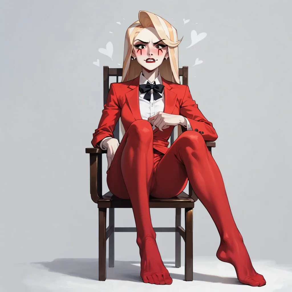 1girl, solo, Charlie Morningstar \(Hazbin Hotel\), pale skin, red pants, red suit, no shoes, one sock off, sitting on chair, ((Straight-on))