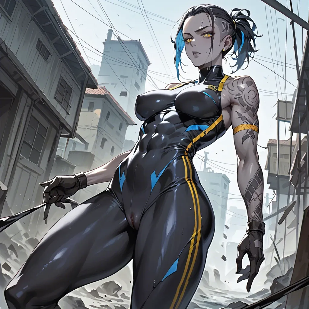 anime, athletic girl, grey skin, black bodysuit with with cutouts on the sides, line tattoos, head is shaved on the sides, blue disheveled ponytail, yellow eyes, huge hips