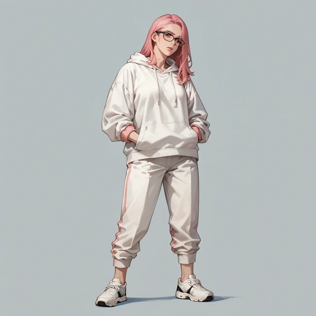 1 solo girl,,,, no background, no objects, full view, stand up, long pink hair, black glasses, white hoodie, sportive white pants, white sportive shoes, gentle look, soft skin, 20 years old, human, open blue eyes, facing camera, energetic look, pregnant, tongue out