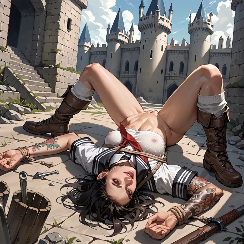 1girl,solo, , , , brown eyes,tattooed arms,perfect nipples,on back,pale white skin, white crop top,baggy socks,tied up,highleg leotard,knee boots, school uniform, battlefield, castle, on a fur bed, phone pov, ultra-detailed, night, lara croft, spider-gwen, rapunzel waifu