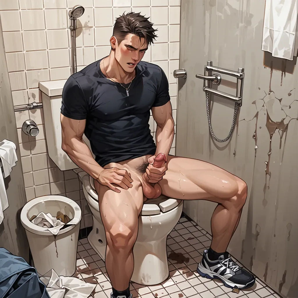 Boys masturbate in a dirty public restroom littered with trash.