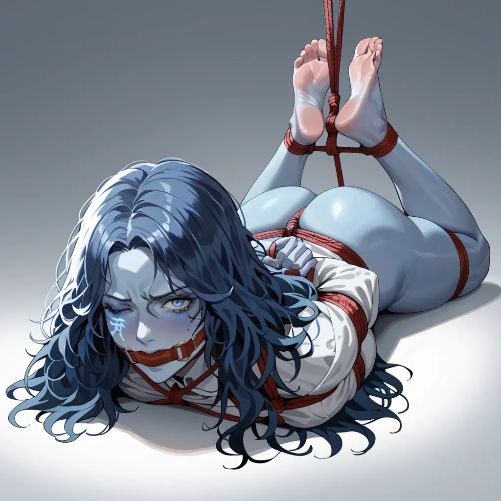 1girl, solo, Ranni the Witch \(Elden Ring\), blue skin, full clothes, no shoes, laying on stomach, rope bondage, hogtie, hands behind the back, wrap gagged, feet focus, angry, ((face view))