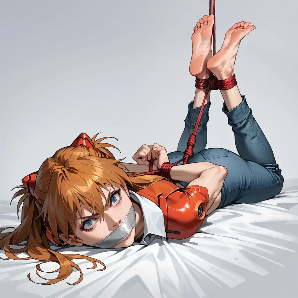 1girl, solo, Asuka Langley \(Evangelion\), shirt, jeans, barefoot, laying on stomach, rope bondage, hogtied, tape gagged, looking at viewer, feet focus, angry, screaming, ((face view))