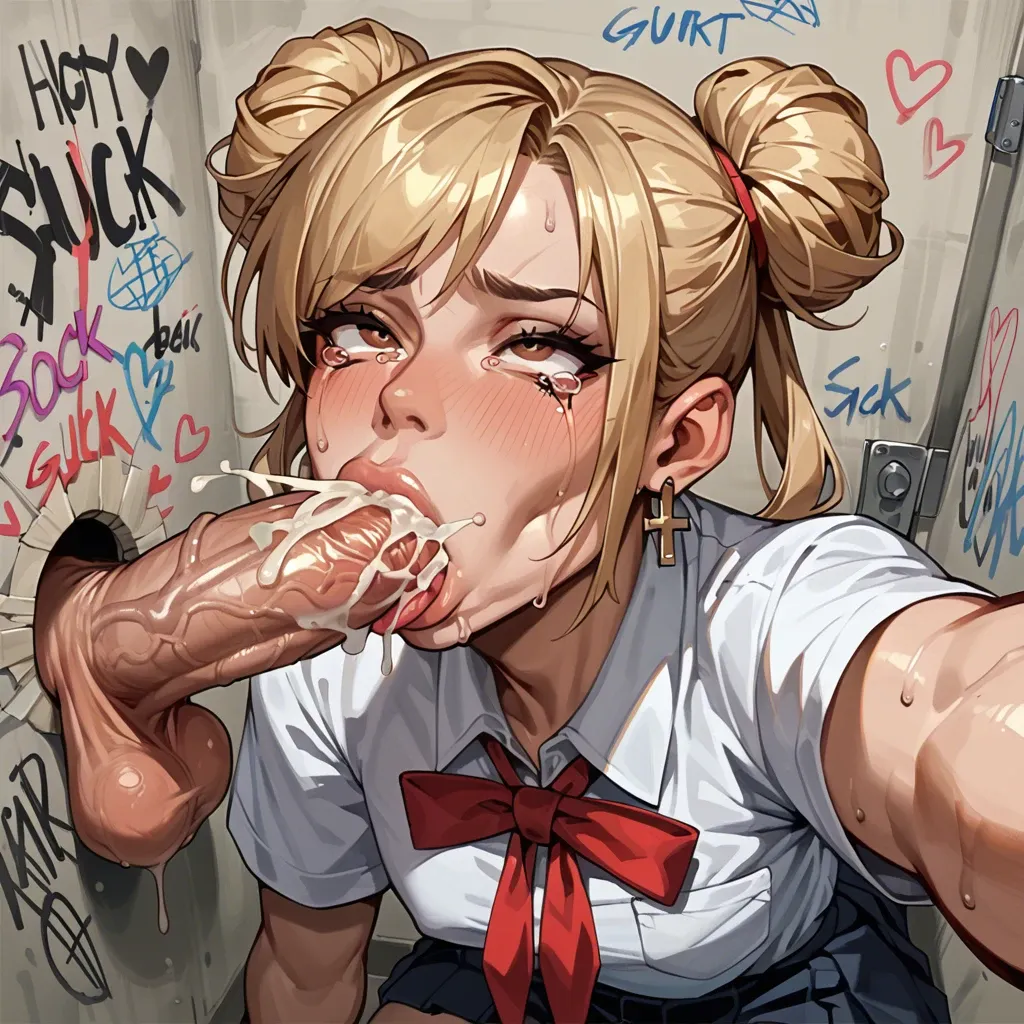 sexy graffiti, ball squeezing, deepthroat blowjob, sweaty cock, balls visible, selfie, thick steam from balls, glory hole, blonde, schoolgirl, femboy, tears, two buns, brown eyes, cross earring, ahegao, cum explosion, tears