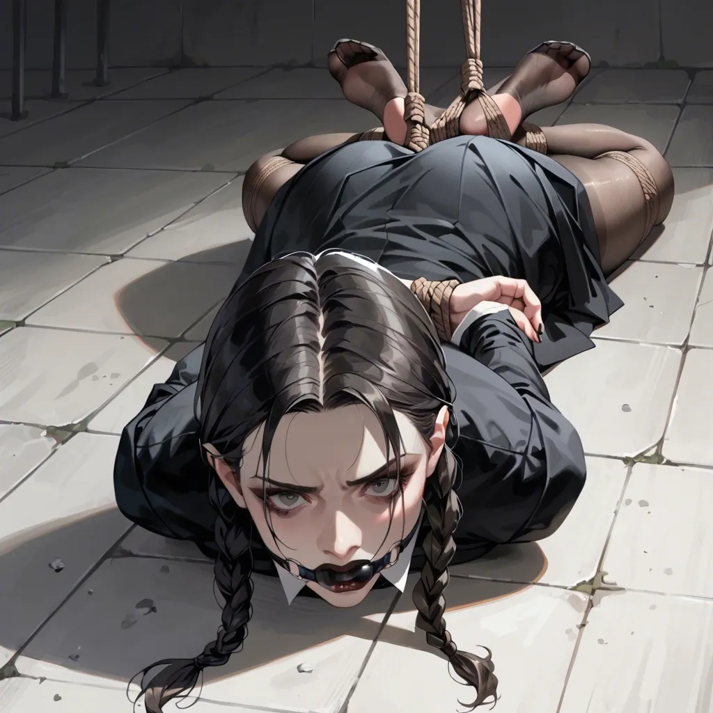 1girl, solo, Wednesday Addams \(Wednesday\), black eyes, pale skin, black dress, black pantyhose, no shoes, laying on stomach, rope bondage, hogtied, arms behind back, crossed ankles, black ballgag, feet focus, screaming