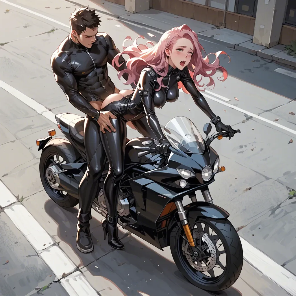 mirajane strauss, black unzipped exposed Catsuit, large long motorbike, sexy, anime cute style, straight hair, backward on motorbike, standing flipped,  The Bridge sex,  looking from above view on motorcycle, exposed skin from boobs to pussy, sex