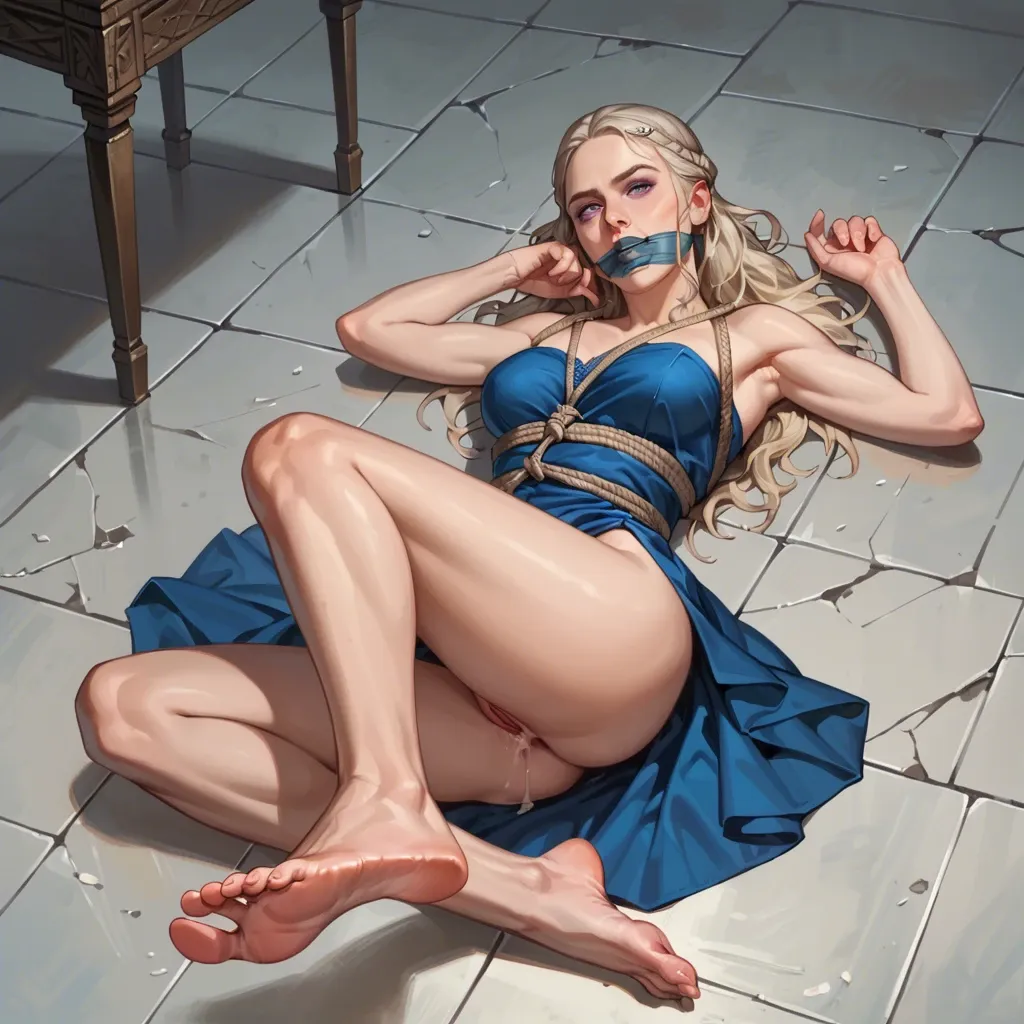 1girl, solo, Daenerys Targaryen \(Game of Thrones\), purple eyes, blue dress, barefoot, laying on floor, showing feet, soles focus, rope bondage, wrap gag, arrogant, looking at viewer, ((from above))