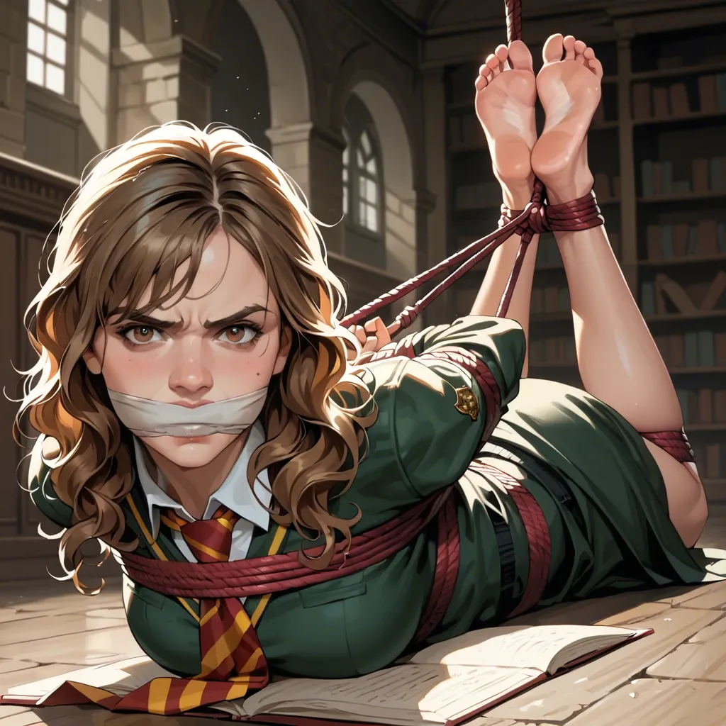 1girl, solo, Hermione Granger \(Harry Potter\), brown eyes, hogwarts uniform, long skirt, barefoot, laying on stomach, rope bondage, hogtied, arms behind the back, wrap gagged, feet focus,looking at viewer, annoyed