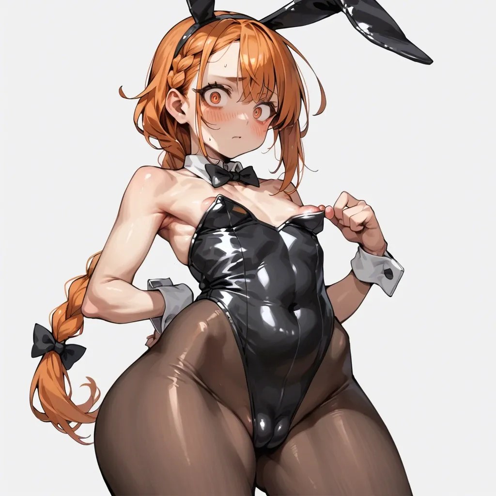 cute anime, bunny suit, blush, orange hair, side mini braid, sharp eyes, flat sagging chest, puffy areola, huge nipple bulge, huge hips, huge cameltoe