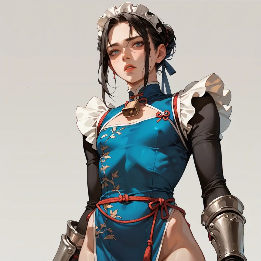 1girl,solo, , , , china dress,sole,big boobs,hip,neck bell, light freckles,armor,round tits,hip,shoulder, beautiful eyes,left hand,flat chest,hip,blue turtleneck, maid dress,white socks,black gloves,black bra,strappy sandals, gown,tight fishnets,circle glasses,mini skirt bra,armored boots, torn dress,knee socks,big earrings,frilled panties,platform heels, barbara, waterfall, hands on table, painted nails, well-lit, zelda sd, ariel waifu, hinata