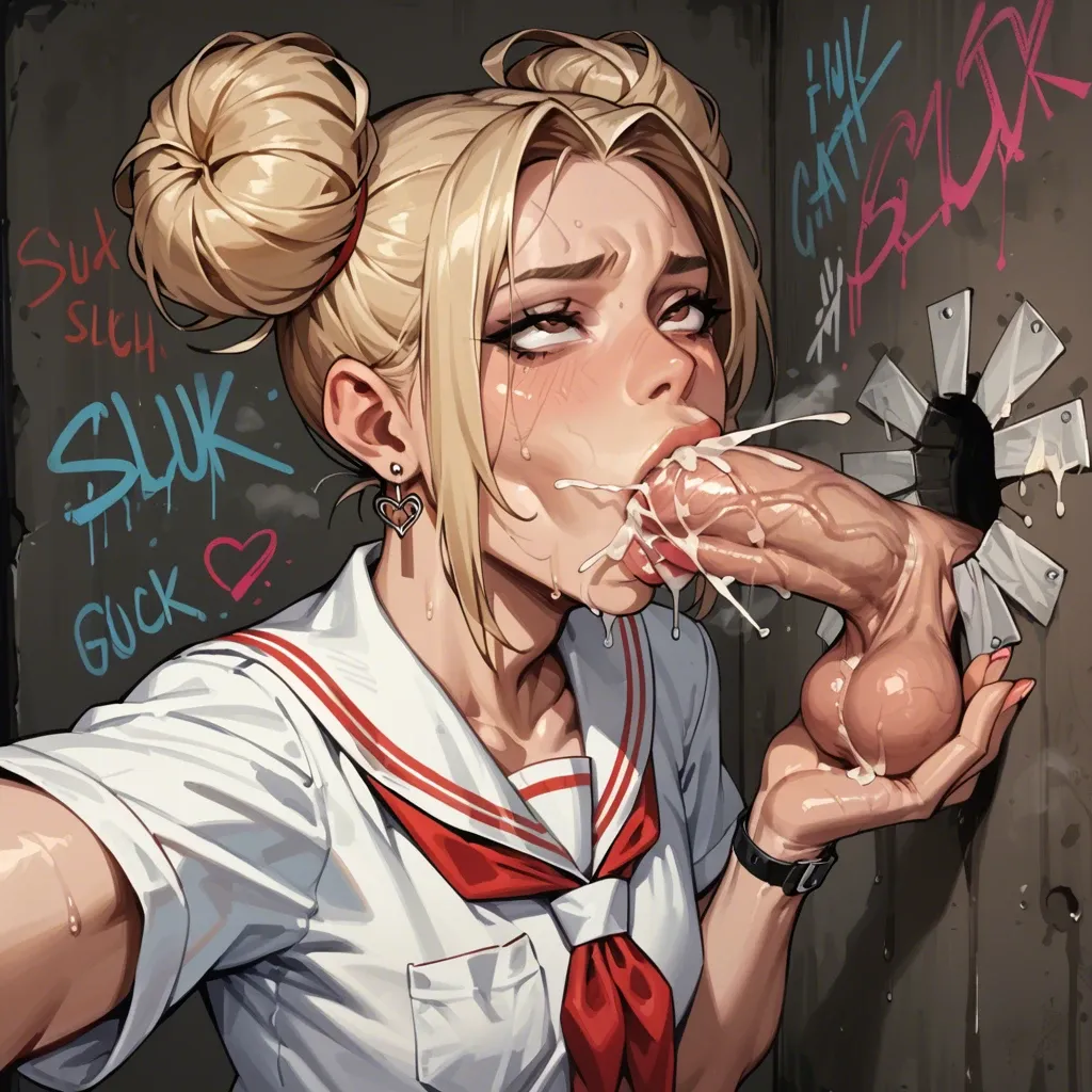 sexy wall graffiti, holding balls, deepthroat blowjob, sweaty cock, balls visible, selfie, cock steam, glory hole, blonde, schoolgirl, femboy, two buns, brown eyes, earring, ahegao, cum blast