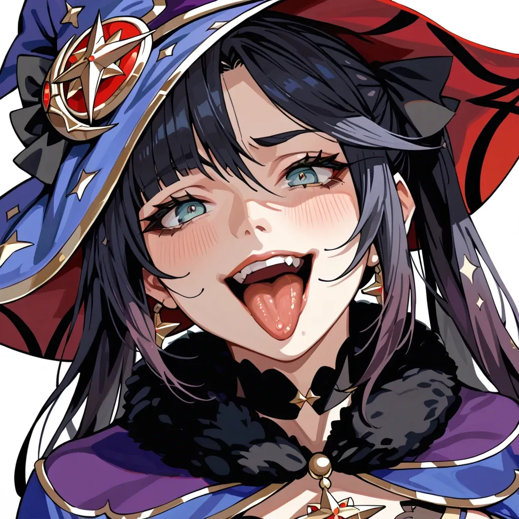 Mona from genshin impact in her original outift,close up of her boobs and face, tongue out, happy face