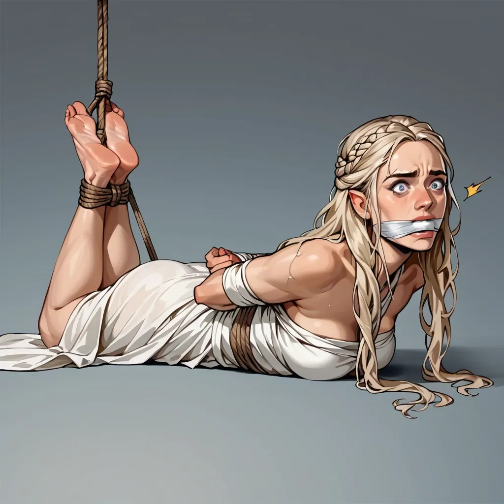 1girl, solo, Daenerys Targaryen \(Game of Thrones\), long dress, barefoot, laying on stomach, rope bondage, hogtied, hands behind back, wrap gag, shocked, ((face view))