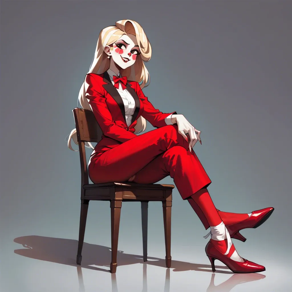 1girl, solo, Charlie Morningstar \(Hazbin Hotel\), pale skin, red pants, red suit, sitting on chair, no shoes, holding shoe in hand