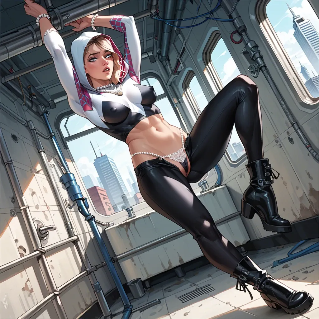 2girl, , , , parted lips,feet,nipple bulge,farm background,pearl necklace, underpants,lace thong,bracelets,panties,gothic boots, bathroom stall, city background, spaceship, android, spider-gwen, dynamic