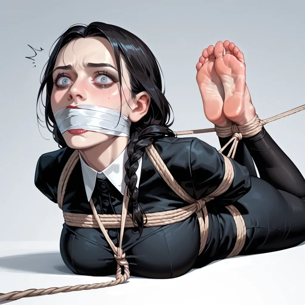 1girl, solo, Wednesday Addams \(Wednesday\), pale skin, full clothes, no shoes, laying on stomach, rope bondage, hogtie, hands behind the back, wrap gagged, feet focus, shocked, ((face view))