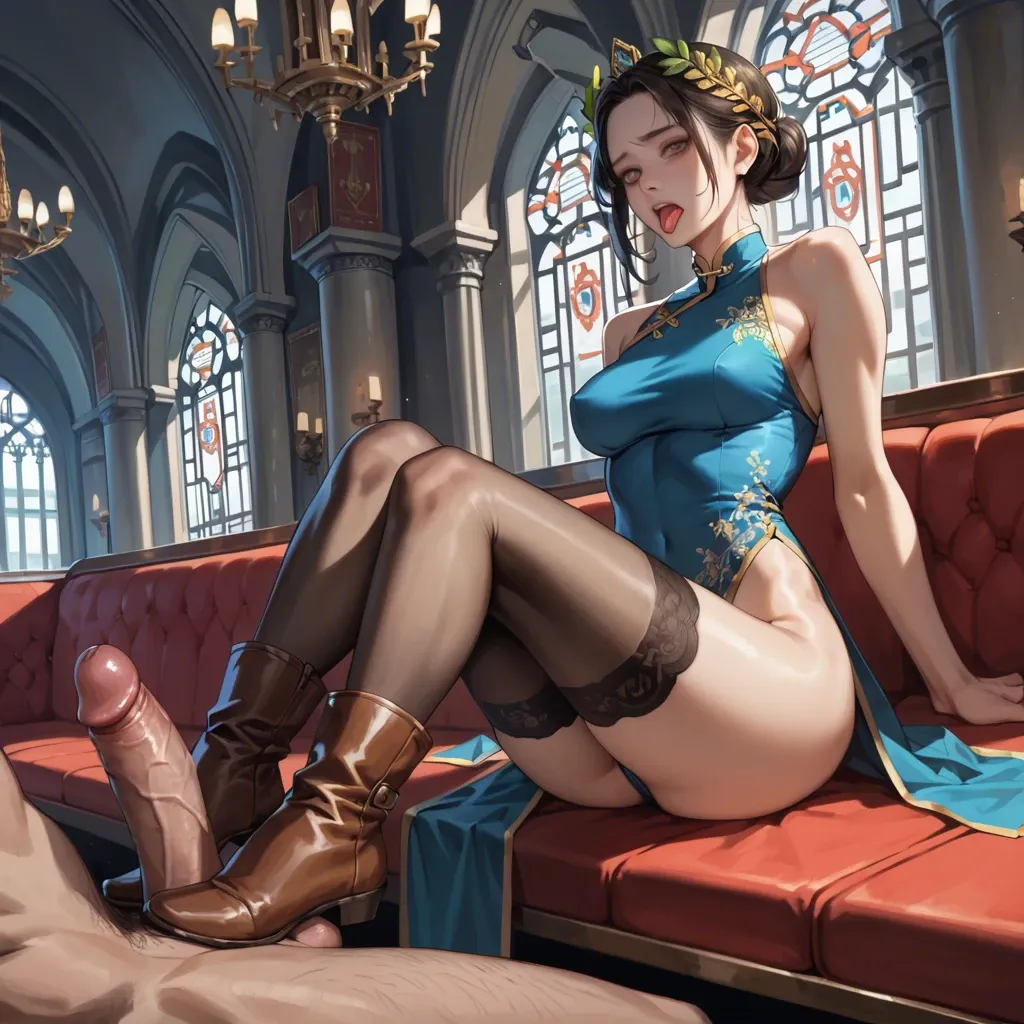 2girl, , , , focus on tongue,footjob,medium breasts,waists,bare shoulder, china dress,lace tights,laurel crown,leotard,brown boots, club setting, train, castle, collars, realistic face, dark pupils, disney princess, ariel waifu