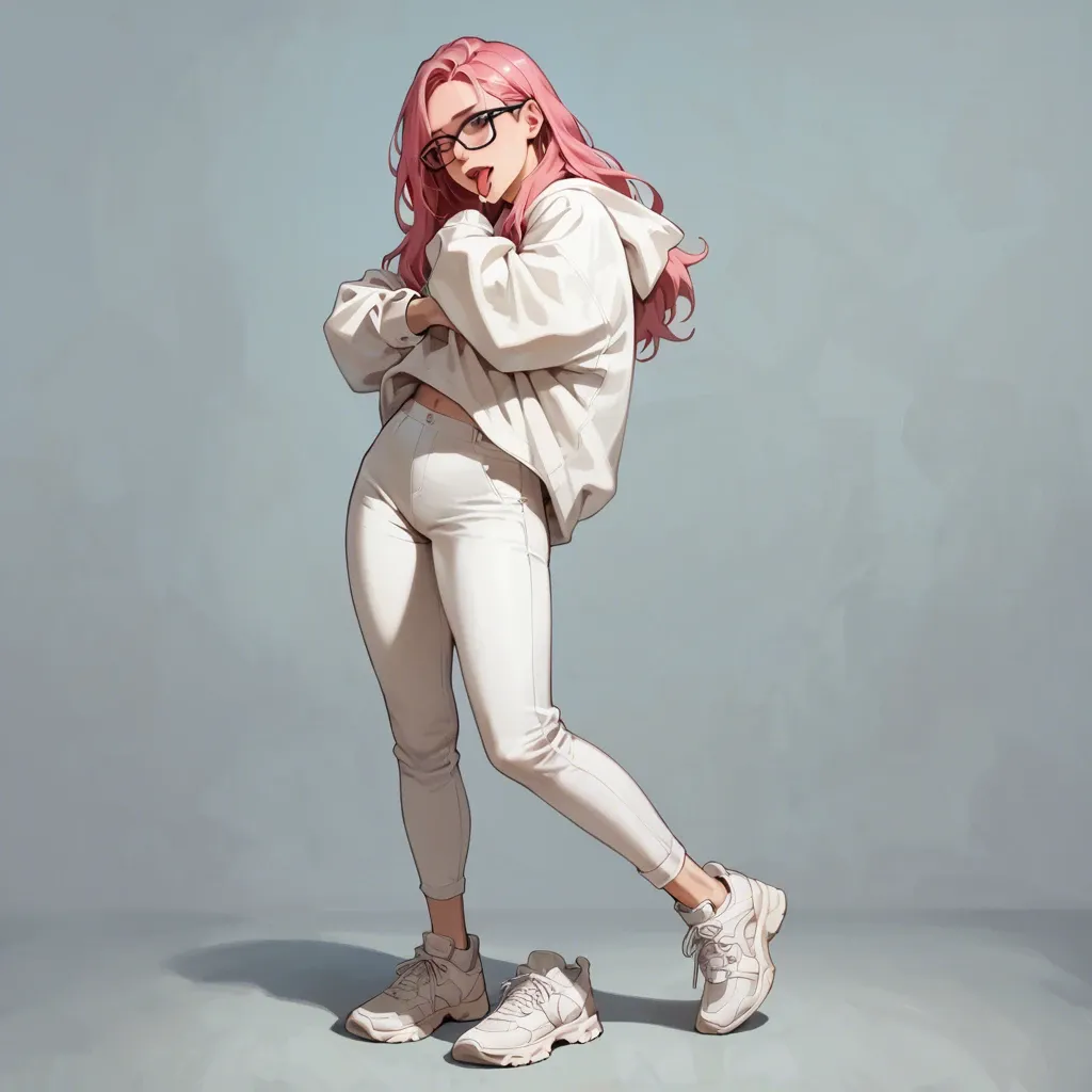 1 solo girl,,,, no background, no objects, full view, stand up,  ready to hug the camera, tongue out, full body view,  long pink hair, black glasses, white hoodie, sportive white pants, white sportive shoes, gentle look, soft skin, 20 years old, human, open blue eyes, facing camera, energetic look