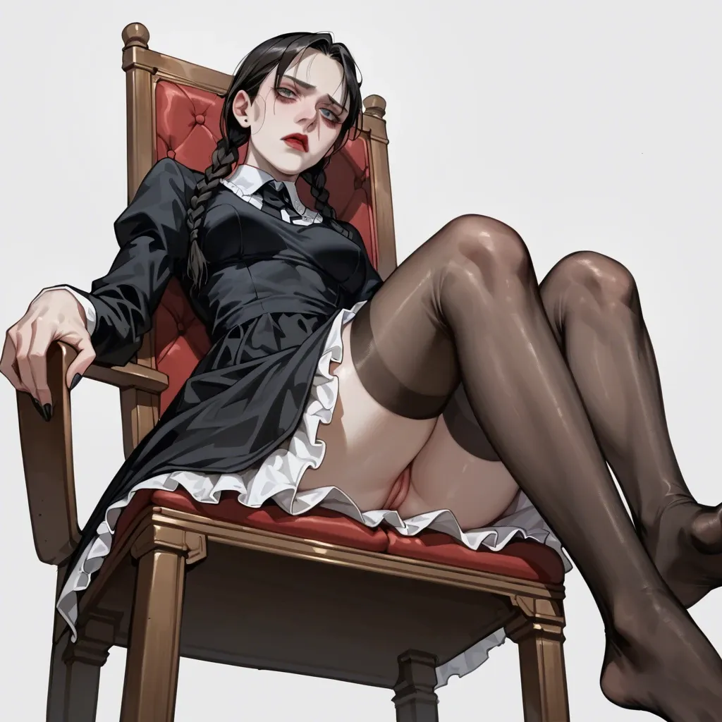 1girl, solo, Wednesday Addams \(Wednesday\), pale skin, black dress, white petticoat, black stockings, no shoes, sitting on chair, arrogant, rude, ((from below))