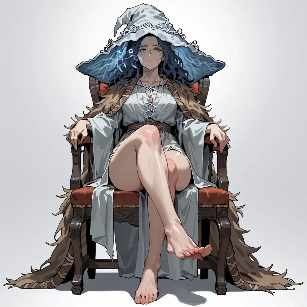 1girl, solo, Ranni the Witch \(Elden Ring\), blue skin, full clothes, legs covered, no shoes, sitting on chair, crossed legs, full body, soles focus, ((front view))