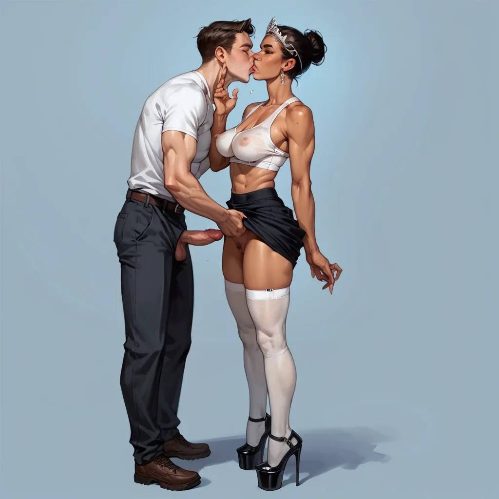 1girl,1boy, , , , high cheekbones,finger,big areolas,perky breasts,kissing neck, grey eyes,perfect hands,saggy breasts,backward,tan, skirt lift,white stockings,tiara,sports bra,platform heels, bara, alleyway, castle, dildo sex, dildo, tifa lockhart, belle