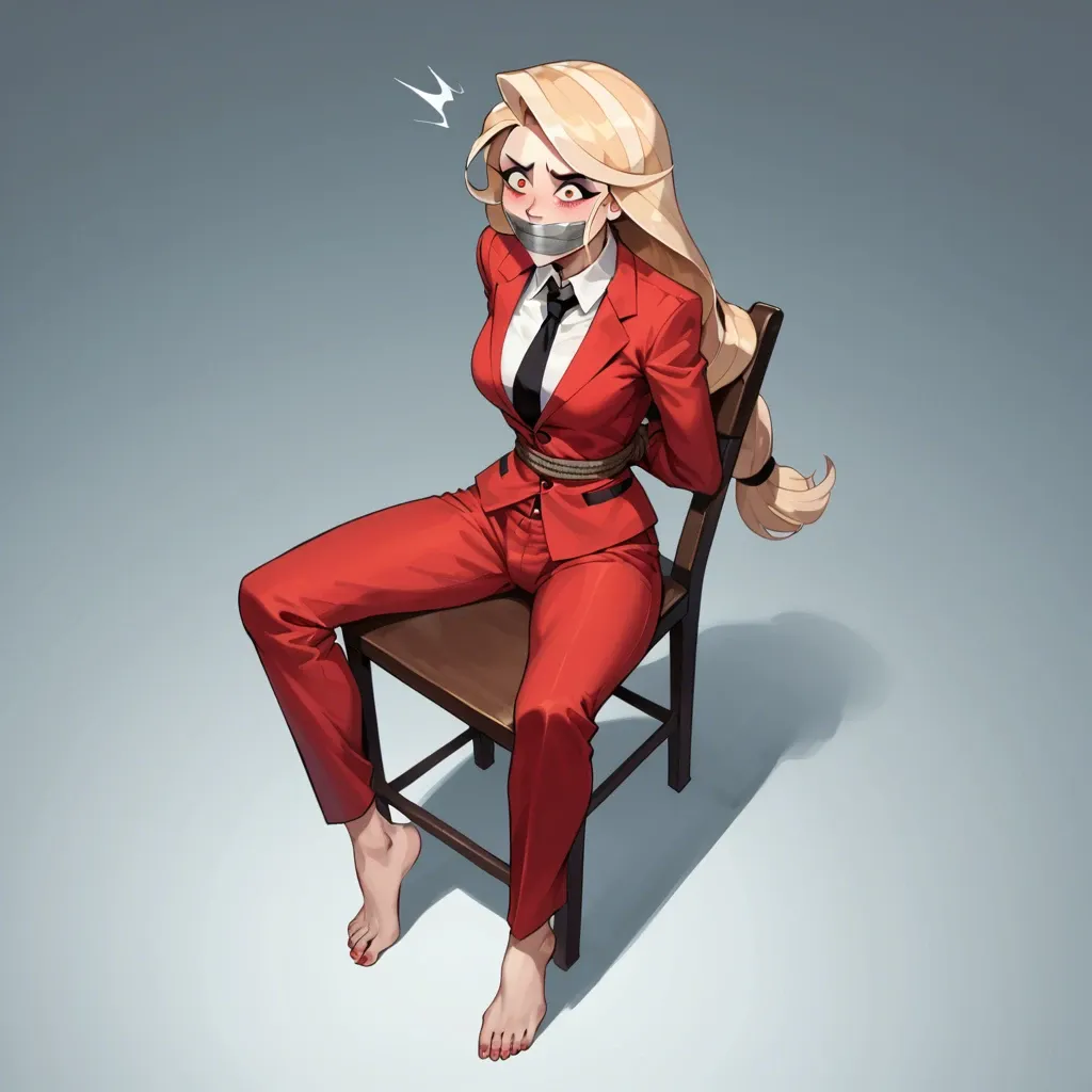 1girl, solo, Charlie Morningstar \(Hazbin Hotel\), pale skin, long red trousers, red suit, barefoot, sitting on chair, rope bondage, tape gagged, shocked, scared, ((from above))