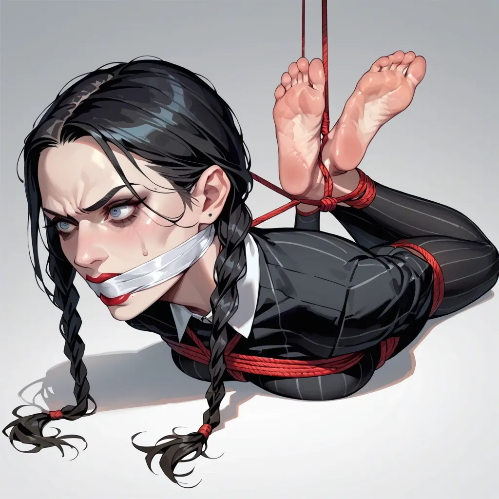 1girl, solo, Wednesday Addams \(Wednesday\), pale skin, full clothes, no shoes, laying on stomach, rope bondage, hogtie, hands behind the back, wrap gagged, feet focus, sh, ((face view))