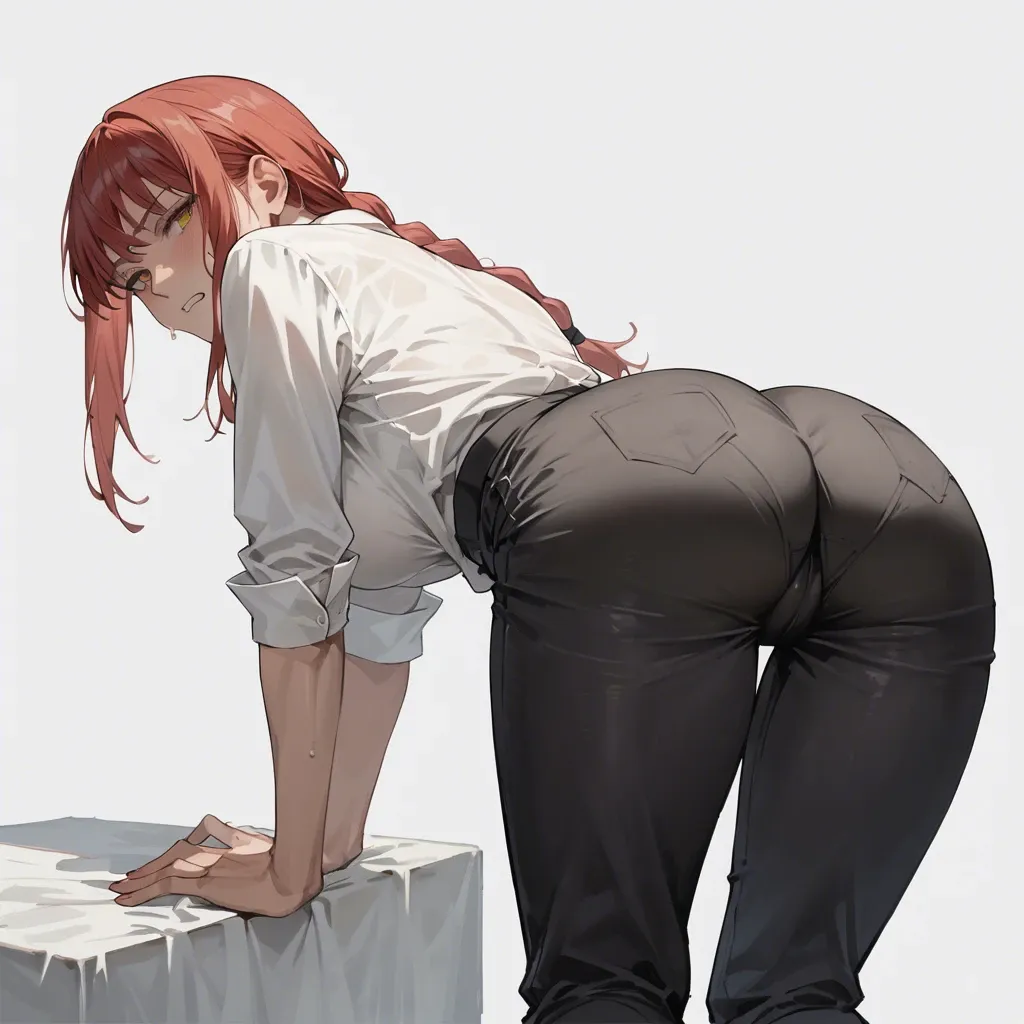 Makima, clothed, dressed black pants, white shirt, ass, seducive pose