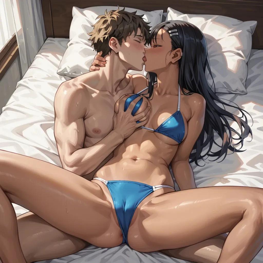 1boy, 1girl, nagatoro, bed, spreading legs, kissing, bikini, breast grab