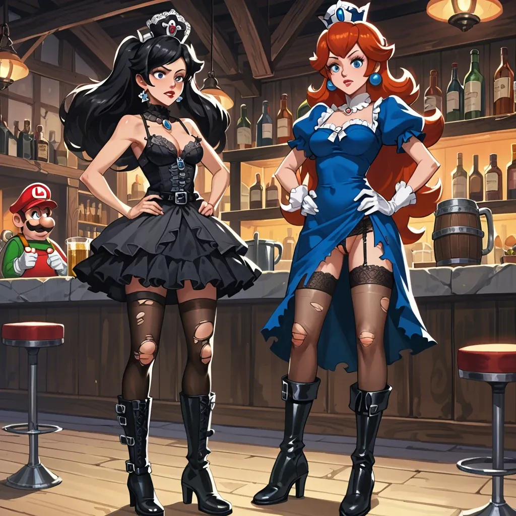 2girl, , , , nostrils,arm support,perky boobs,hands on hips,knee, torn skirt,leggings,belts,lace lingerie,gothic boots, barbara, tavern, anime screencap, nightdress, mario and luigi, ariel waifu