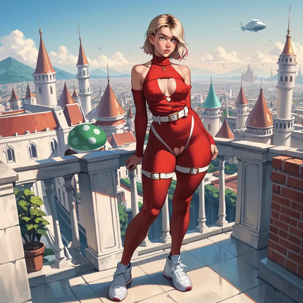 1girl,1boy, , , , light freckles,large thighs,areolas,very large hips,bare shoulders, red sweater,palace,belts,crotchless,white sneakers, hotel, city, spaceship, mario and luigi, spider-gwen, dynamic