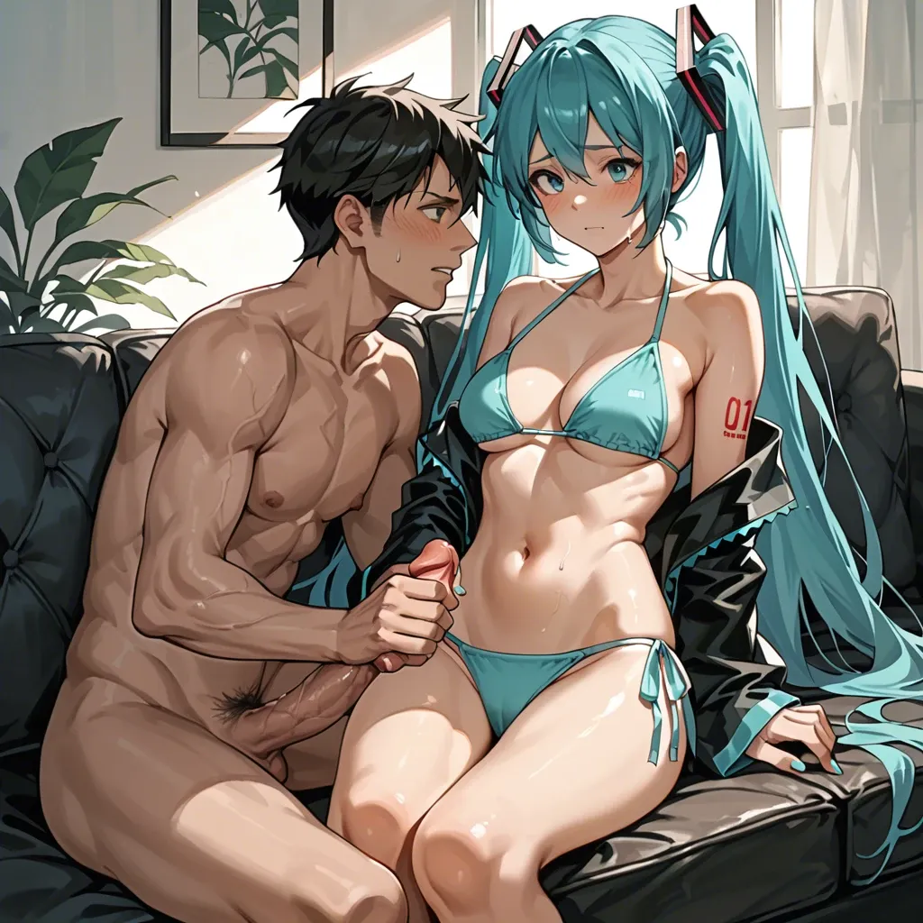 1boy, 1girl, hatsune miku, shy, couch, sitting, bikini, handjob