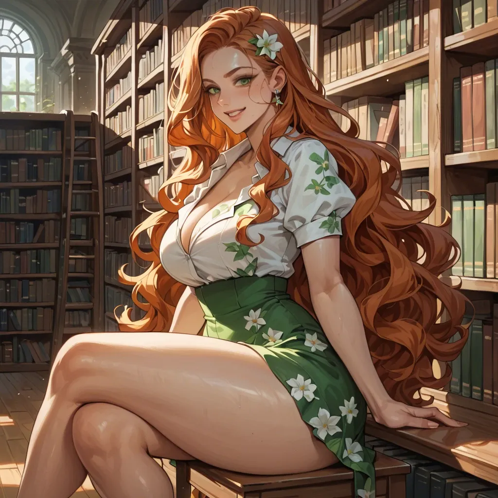 Massive ass, huge thick thighs, wide hips, love handles, thick, curvy, very long wavy ginger hair, green eyes, smiling, knee length dark green floral frock, library