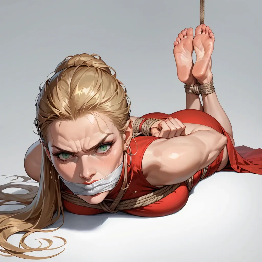 1girl, solo, Cersei Lannister \(Game of Thrones\), milf, green eyes, red dress, barefoot, laying on stomach, rope bondage, hogtied, cloth gagged, looking at viewer, angry, feet focus