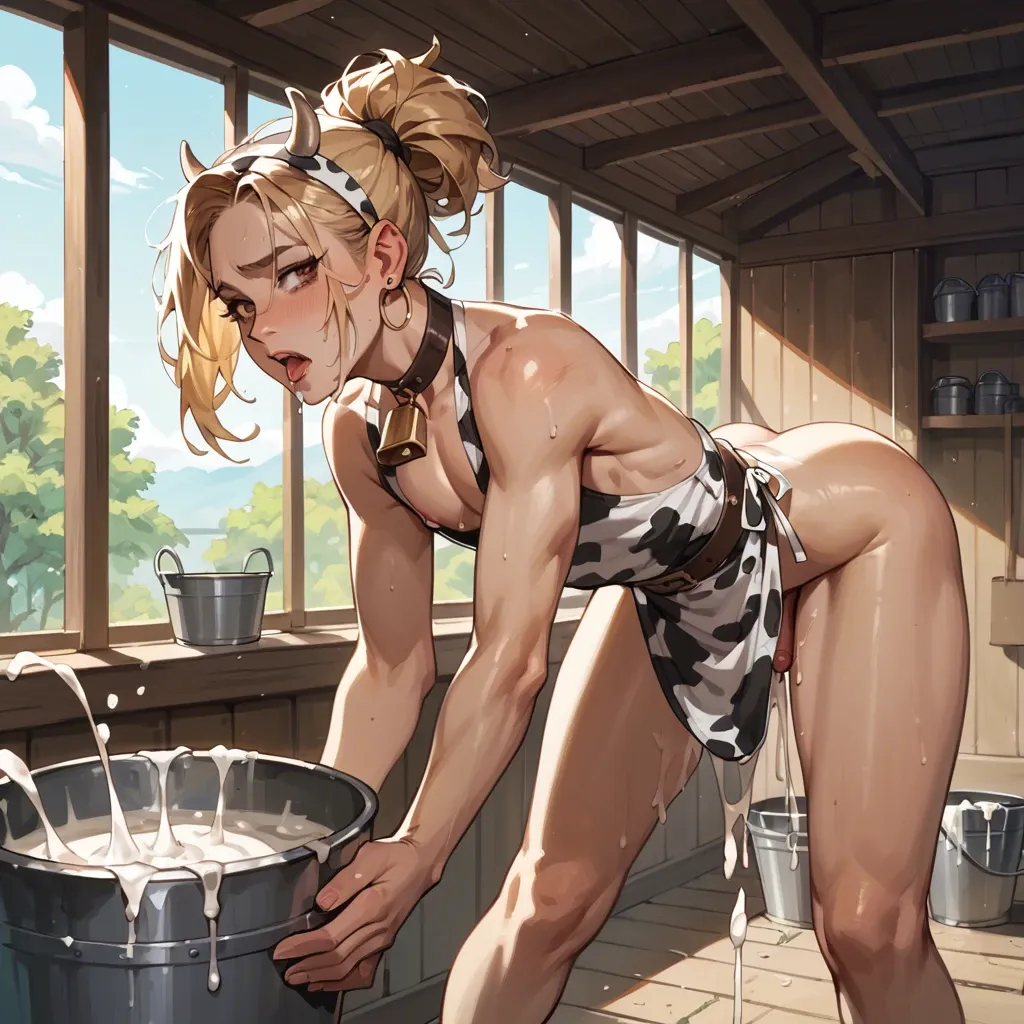 femboy, standing, bent over, leaning, shoulder length hair, blonde, brown eyes, earring, cow costume, femboy jerks off, femboy cums, cum flies into bucket, stream of cum into bucket, bucket full of cum, femboy's dick is visible, on the farm,